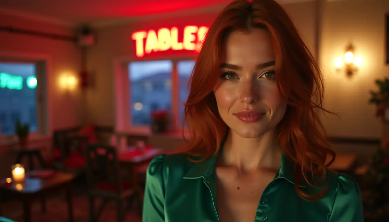 Smiling redhead woman with evening casino ambience for True Fortune Casino