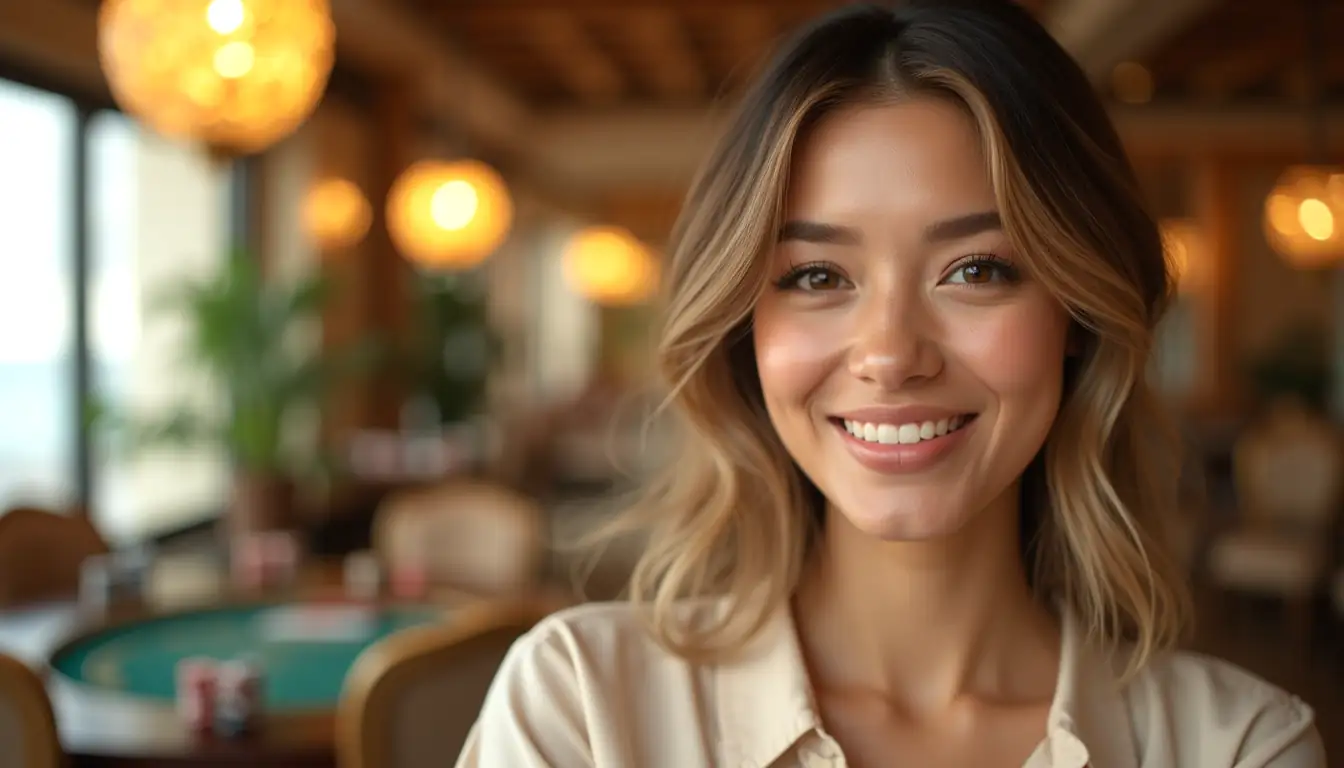 Smiling woman in soft morning light with True Fortune Casino browser ambience