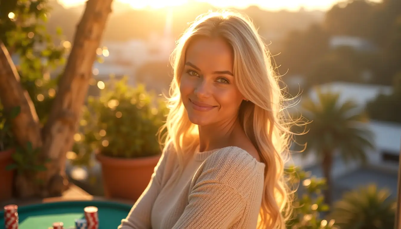 Smiling blonde woman on a Melbourne terrace with casino atmosphere for True Fortune Casino